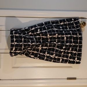 Navy and white print structured  strapless dress